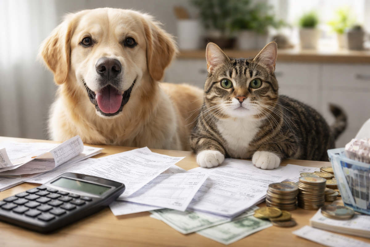 Hund und Katze mit Geldmünzen – realistische Kostenplanung
