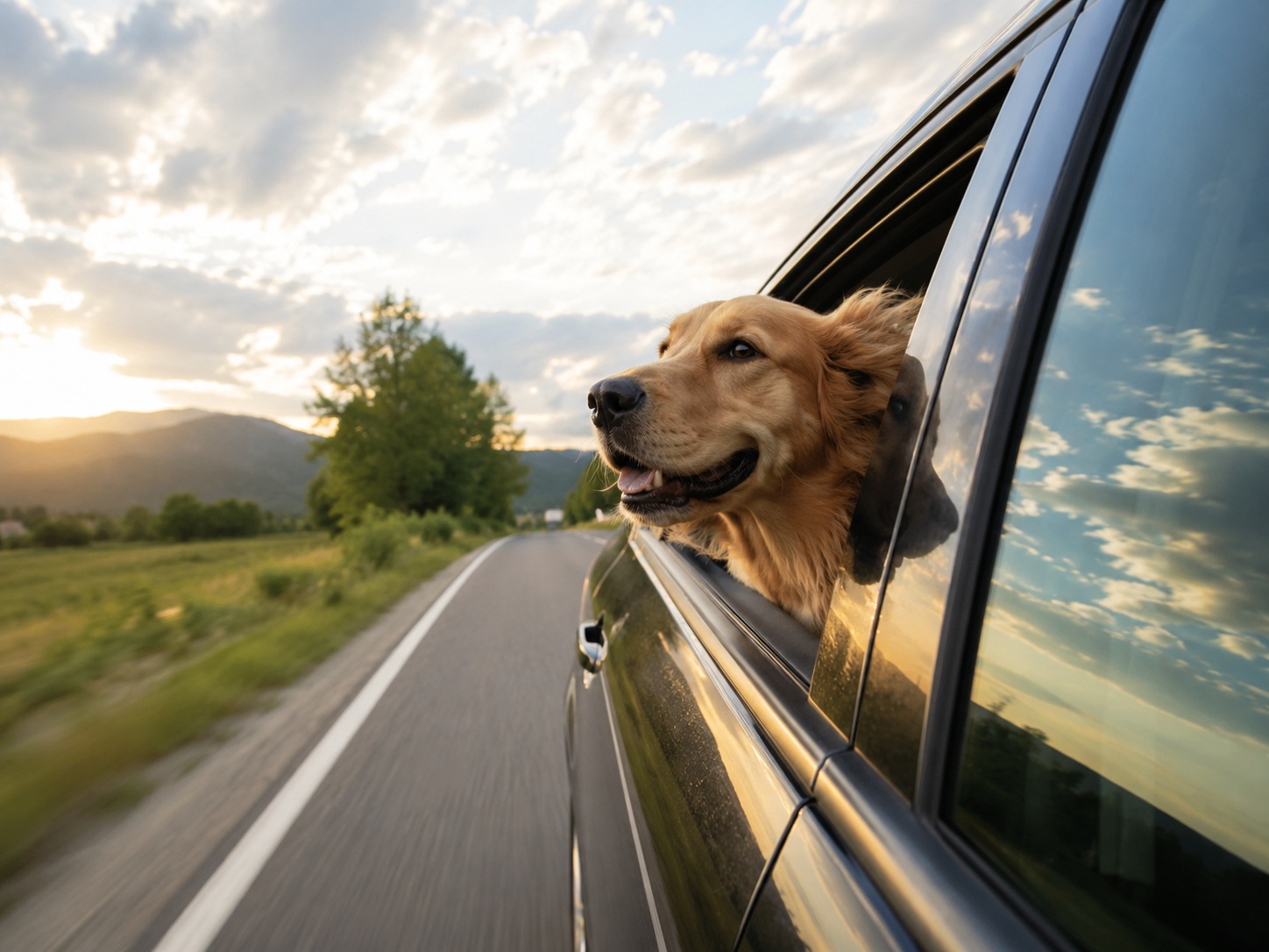 Hund schaut aus dem Autofenster – Haustierhaltung und Autopflege